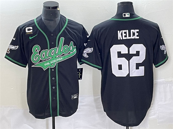 Men's Philadelphia Eagles #62 Jason Kelce Black With C Patch Cool Base Stitched Baseball Jersey